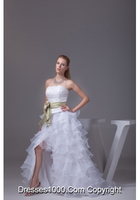 White High-low Embroidery Prom Dress for Women with Sash Organza