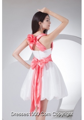 White Mini-length Straps Prom Dress for Girls with Handmade Flower