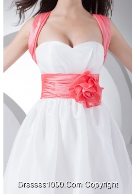 White Mini-length Straps Prom Dress for Girls with Handmade Flower