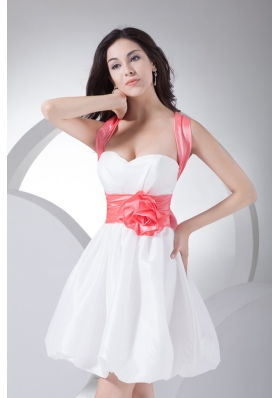 White Mini-length Straps Prom Dress for Girls with Handmade Flower