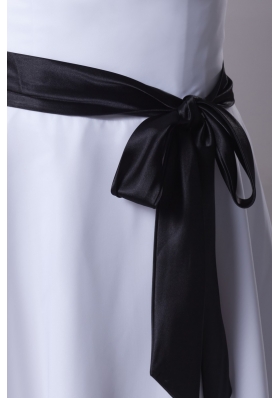 White Ruched Strapless Knee-length Bridal Gown with Black Bowknot Belt