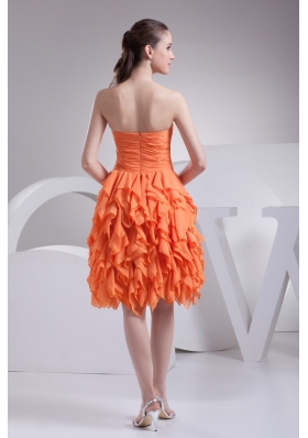 Beautiful Orange Ruched Strapless Knee-length Prom Dress with Ruffles