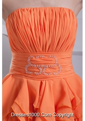 Beautiful Orange Ruched Strapless Knee-length Prom Dress with Ruffles