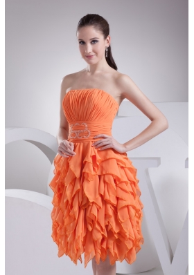 Beautiful Orange Ruched Strapless Knee-length Prom Dress with Ruffles