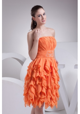 Beautiful Orange Ruched Strapless Knee-length Prom Dress with Ruffles