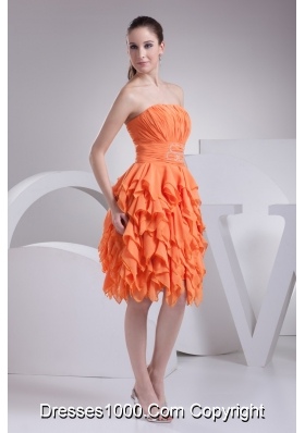 Beautiful Orange Ruched Strapless Knee-length Prom Dress with Ruffles