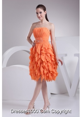 Beautiful Orange Ruched Strapless Knee-length Prom Dress with Ruffles