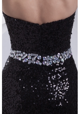 Black Sequin Sweetheart Brush Train Prom Dresses wirh Beaded Sash