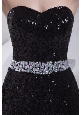 Black Sequin Sweetheart Brush Train Prom Dresses wirh Beaded Sash