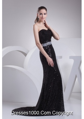 Black Sequin Sweetheart Brush Train Prom Dresses wirh Beaded Sash