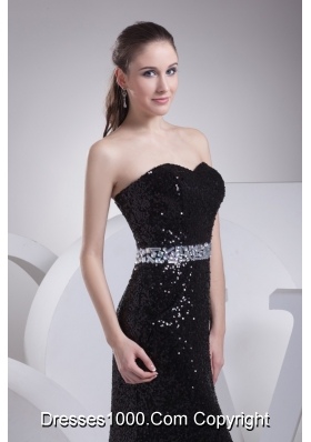 Black Sequin Sweetheart Brush Train Prom Dresses wirh Beaded Sash