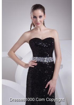 Black Sequin Sweetheart Brush Train Prom Dresses wirh Beaded Sash