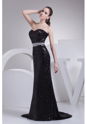 Black Sequin Sweetheart Brush Train Prom Dresses wirh Beaded Sash