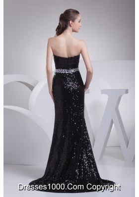 Black Sequin Sweetheart Brush Train Prom Dresses wirh Beaded Sash
