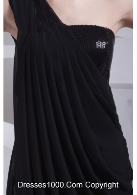Elegant Chiffon One Shoulder Black Short Prom Dress with Paillette