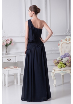 Navy Blue Empire One Shoulder Beading Chiffon Prom Dresses