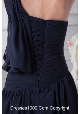 Navy Blue Empire One Shoulder Beading Chiffon Prom Dresses