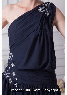Navy Blue Empire One Shoulder Beading Chiffon Prom Dresses