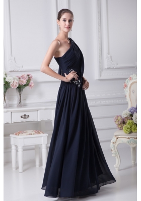 Navy Blue Empire One Shoulder Beading Chiffon Prom Dresses