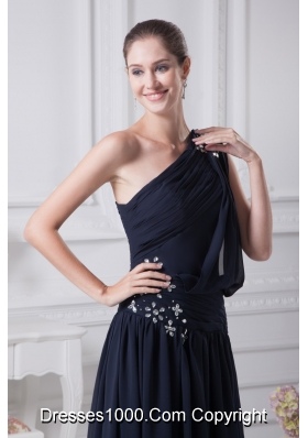 Navy Blue Empire One Shoulder Beading Chiffon Prom Dresses