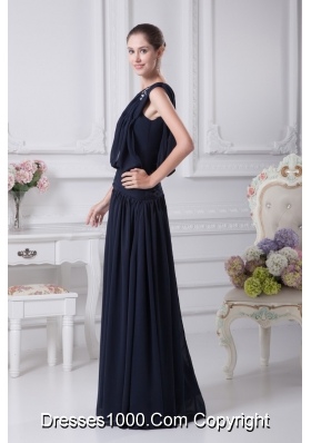 Navy Blue Empire One Shoulder Beading Chiffon Prom Dresses