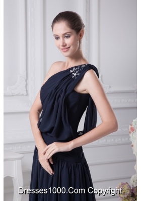 Navy Blue Empire One Shoulder Beading Chiffon Prom Dresses