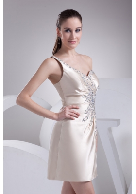 New Style Satin Short Ivory Prom Dress with Beading One Shoulder