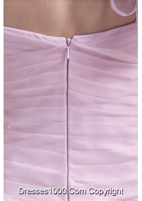 One Shoulder Short Baby Pink Ruched Prom Dress with Handmade Flower