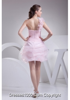 One Shoulder Short Baby Pink Ruched Prom Dress with Handmade Flower