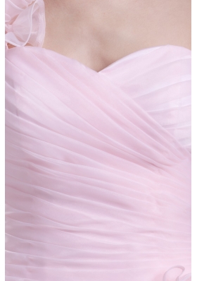 One Shoulder Short Baby Pink Ruched Prom Dress with Handmade Flower
