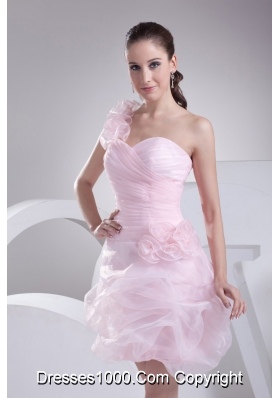One Shoulder Short Baby Pink Ruched Prom Dress with Handmade Flower