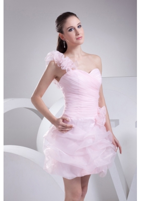 One Shoulder Short Baby Pink Ruched Prom Dress with Handmade Flower