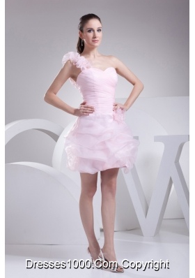 One Shoulder Short Baby Pink Ruched Prom Dress with Handmade Flower