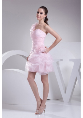 One Shoulder Short Baby Pink Ruched Prom Dress with Handmade Flower