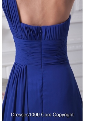 Royal Blue One Shoulder Appliques Beaded Ruched Prom Dress
