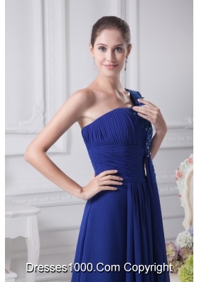 Royal Blue One Shoulder Appliques Beaded Ruched Prom Dress
