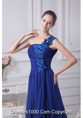 Royal Blue One Shoulder Appliques Beaded Ruched Prom Dress