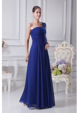 Royal Blue One Shoulder Appliques Beaded Ruched Prom Dress