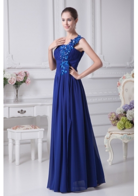 Royal Blue One Shoulder Appliques Beaded Ruched Prom Dress
