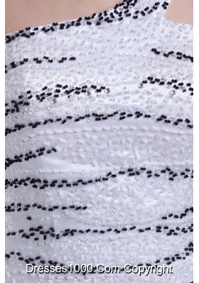 Satin White Mini Prom Party Dress with Black Beading One Shoulder