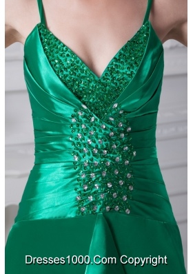 Sheath Spaghetti Straps Beading Ruching Green Prom Dress