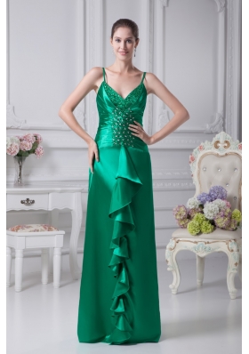 Sheath Spaghetti Straps Beading Ruching Green Prom Dress