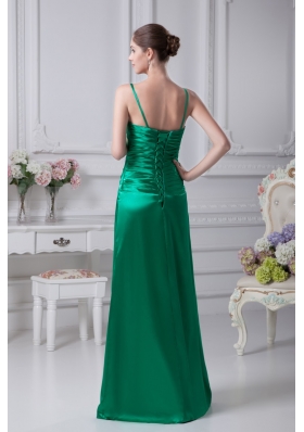 Sheath Spaghetti Straps Beading Ruching Green Prom Dress