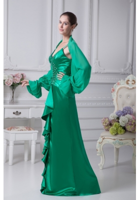 Sheath Spaghetti Straps Beading Ruching Green Prom Dress