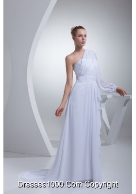 Single Shoulder Ruffles and Sash Wedding Gowns with One Long Sleeve