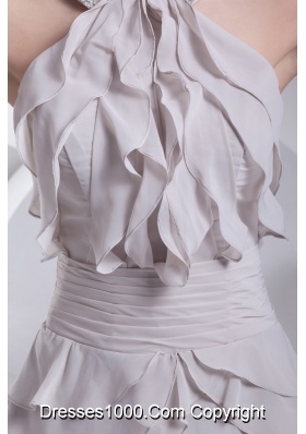 Tiers Ruched Prom Dresses with Beaded and Ruffled Halter Neckline