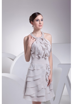 Tiers Ruched Prom Dresses with Beaded and Ruffled Halter Neckline