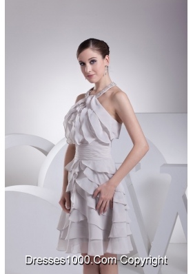 Tiers Ruched Prom Dresses with Beaded and Ruffled Halter Neckline