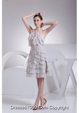 Tiers Ruched Prom Dresses with Beaded and Ruffled Halter Neckline