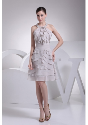 Tiers Ruched Prom Dresses with Beaded and Ruffled Halter Neckline